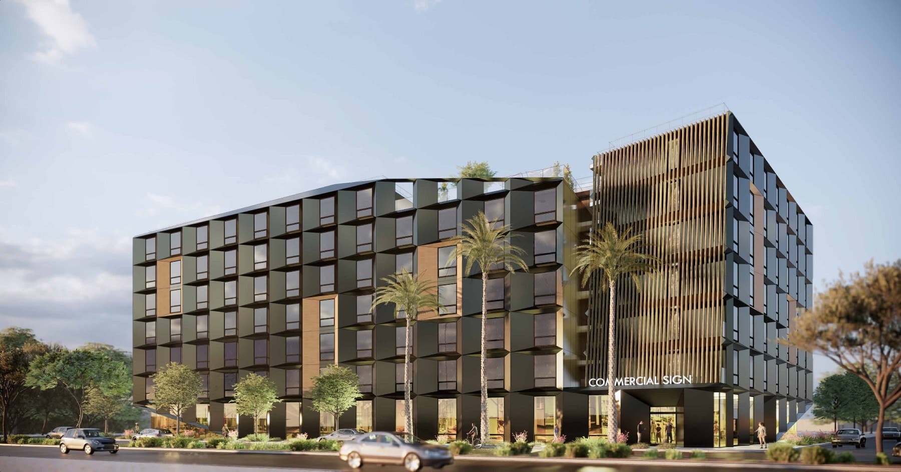 Conceptual rendering from the street corner: a seven-story apartment building with a faceted dark metal and glass façade, warm wood-look vertical louvers on the corner core, storefront at ground level and palm trees along the sidewalk.
