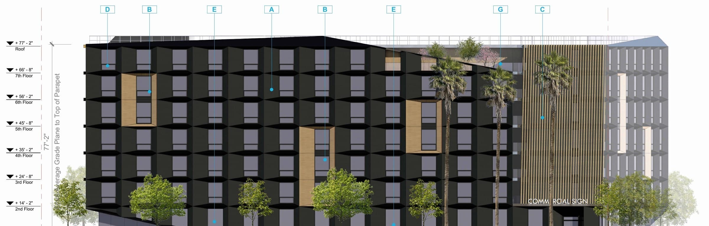 Boulevard elevation drawing showing seven levels, repeating faceted window bays, wood-look accent panels and the louvered corner, with floor heights marked up to 77 feet 2 inches.