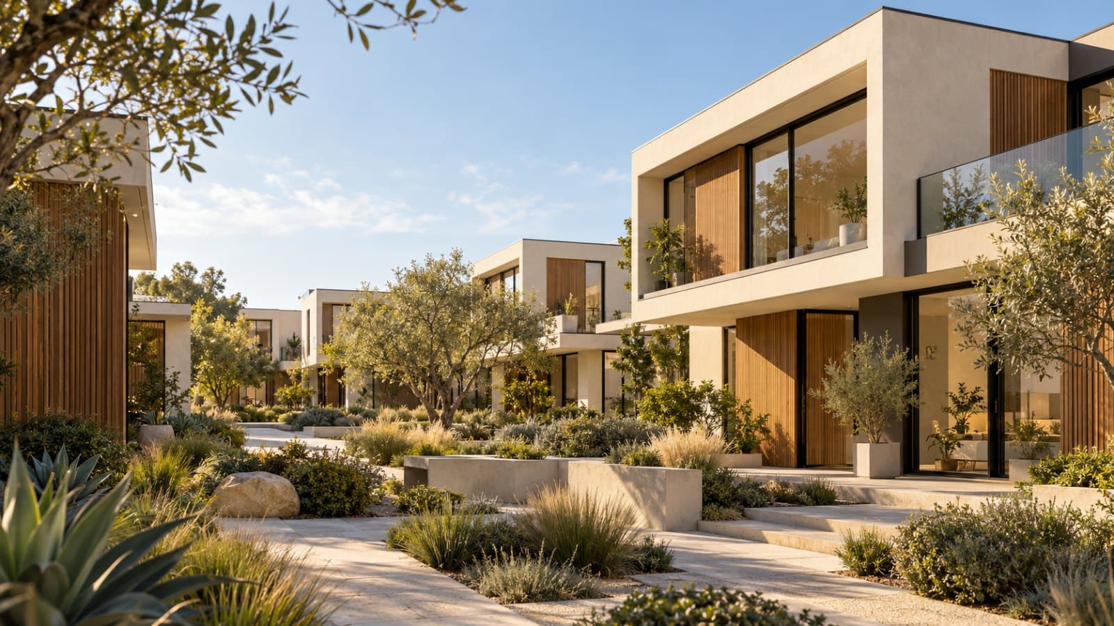 Illustrative exterior concept: low-rise ivory homes with vertical timber screens, glass balustrades and drought-tolerant landscaping under a clear sky.