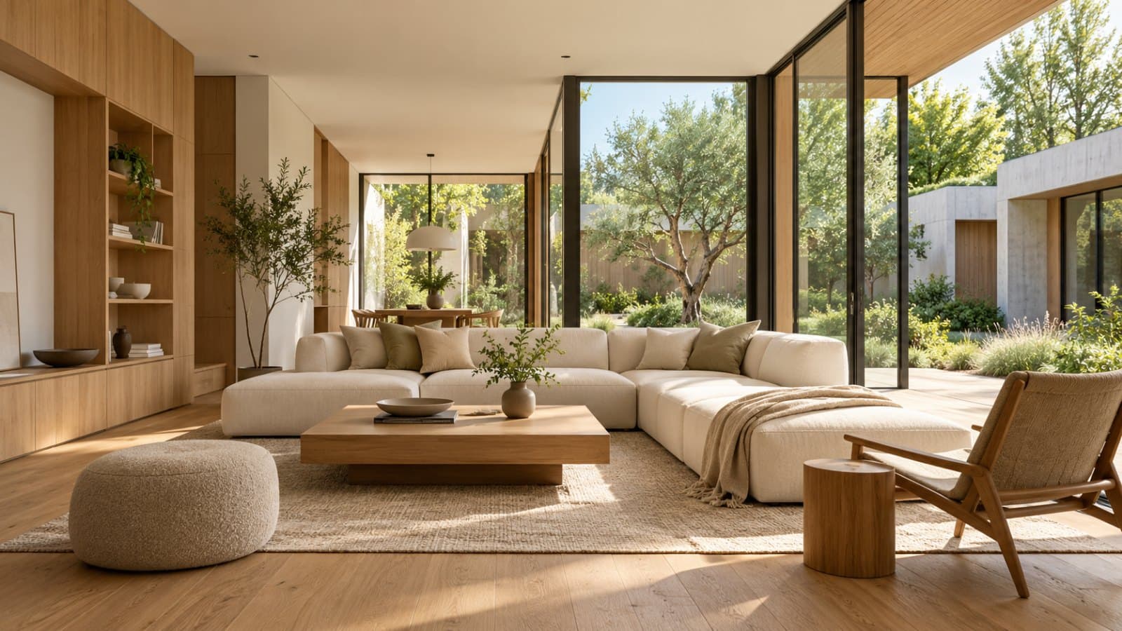 Illustrative interior concept: a daylit living room with light oak floors and joinery, an ivory sectional sofa, and floor-to-ceiling glazing opening to a planted courtyard.