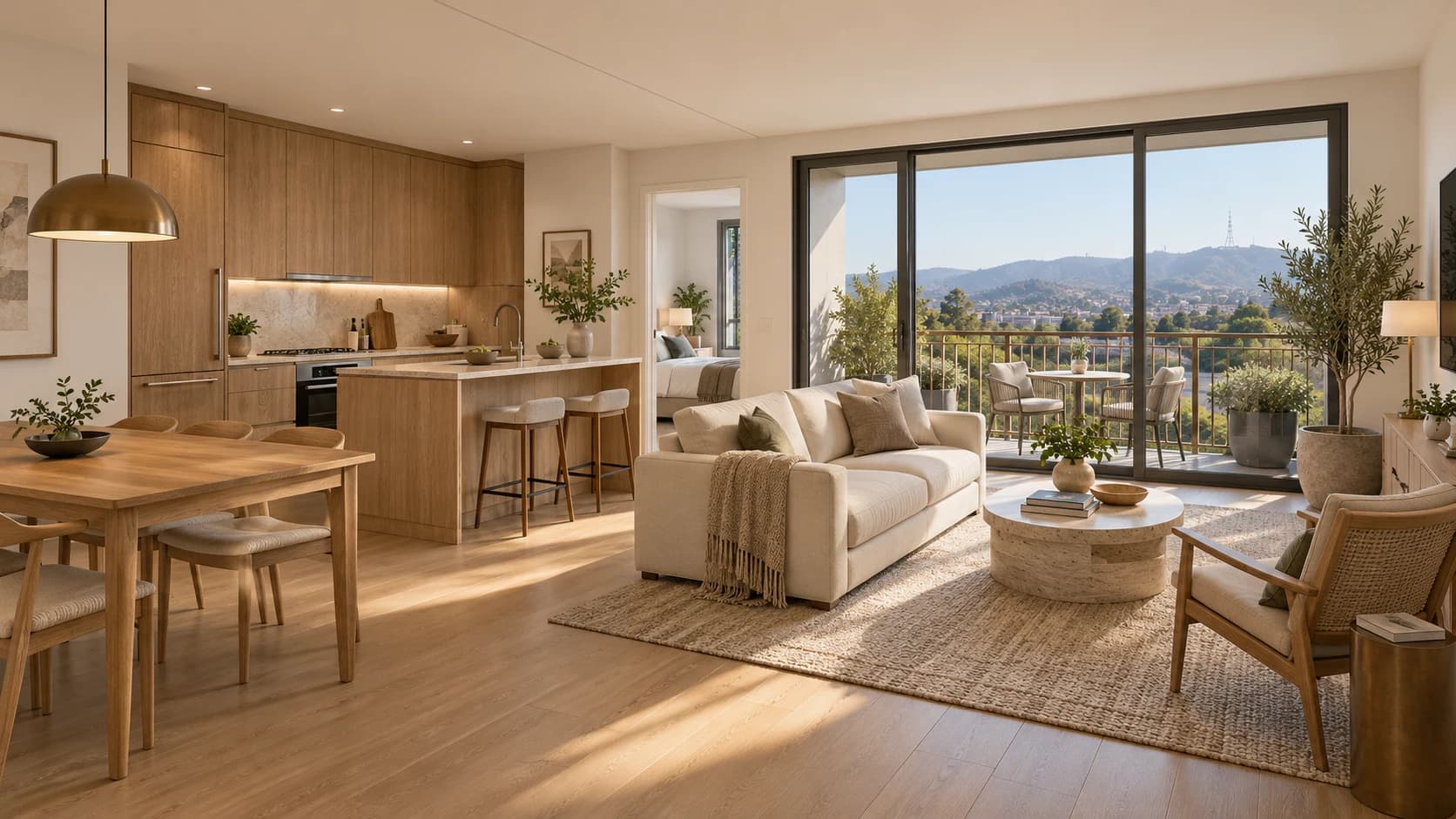 A connected living, dining and kitchen space opening to the balcony.