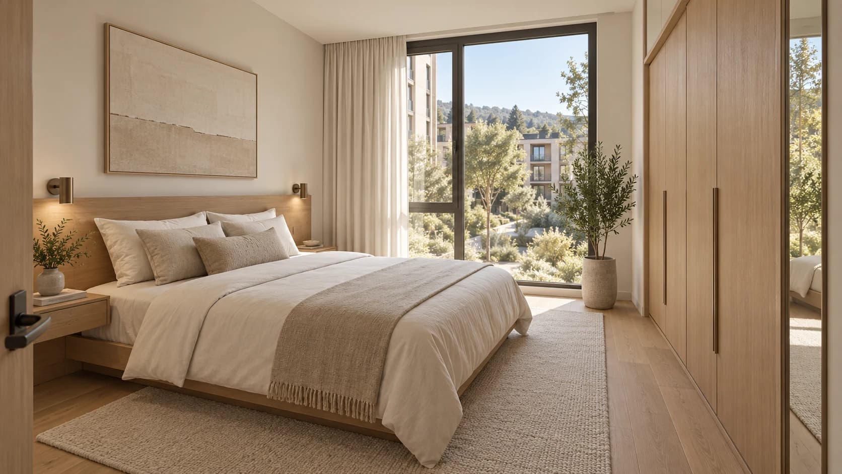 A quiet bedroom with practical storage and generous daylight.