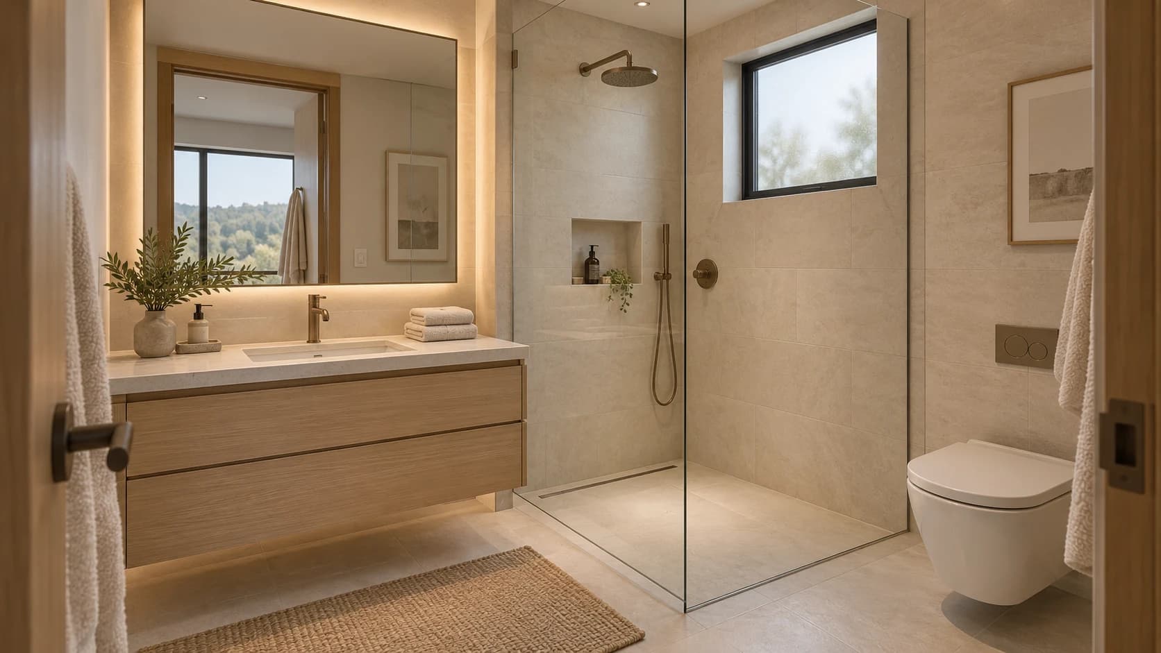 A compact, refined bathroom designed around a coordinated service wall.