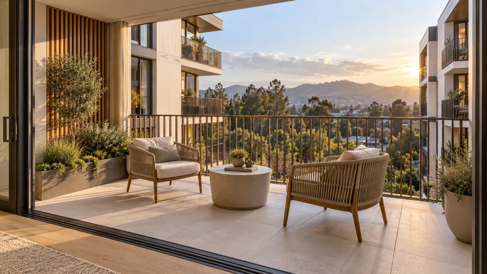 A sheltered outdoor room that continues the apartment’s material palette.