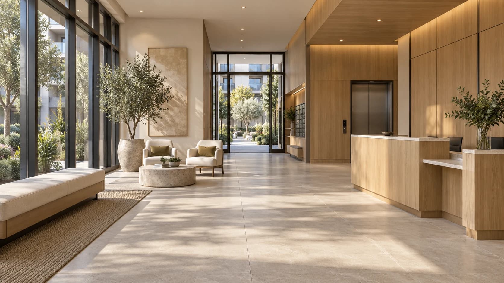 A warm first impression with a clear path from street to courtyard.