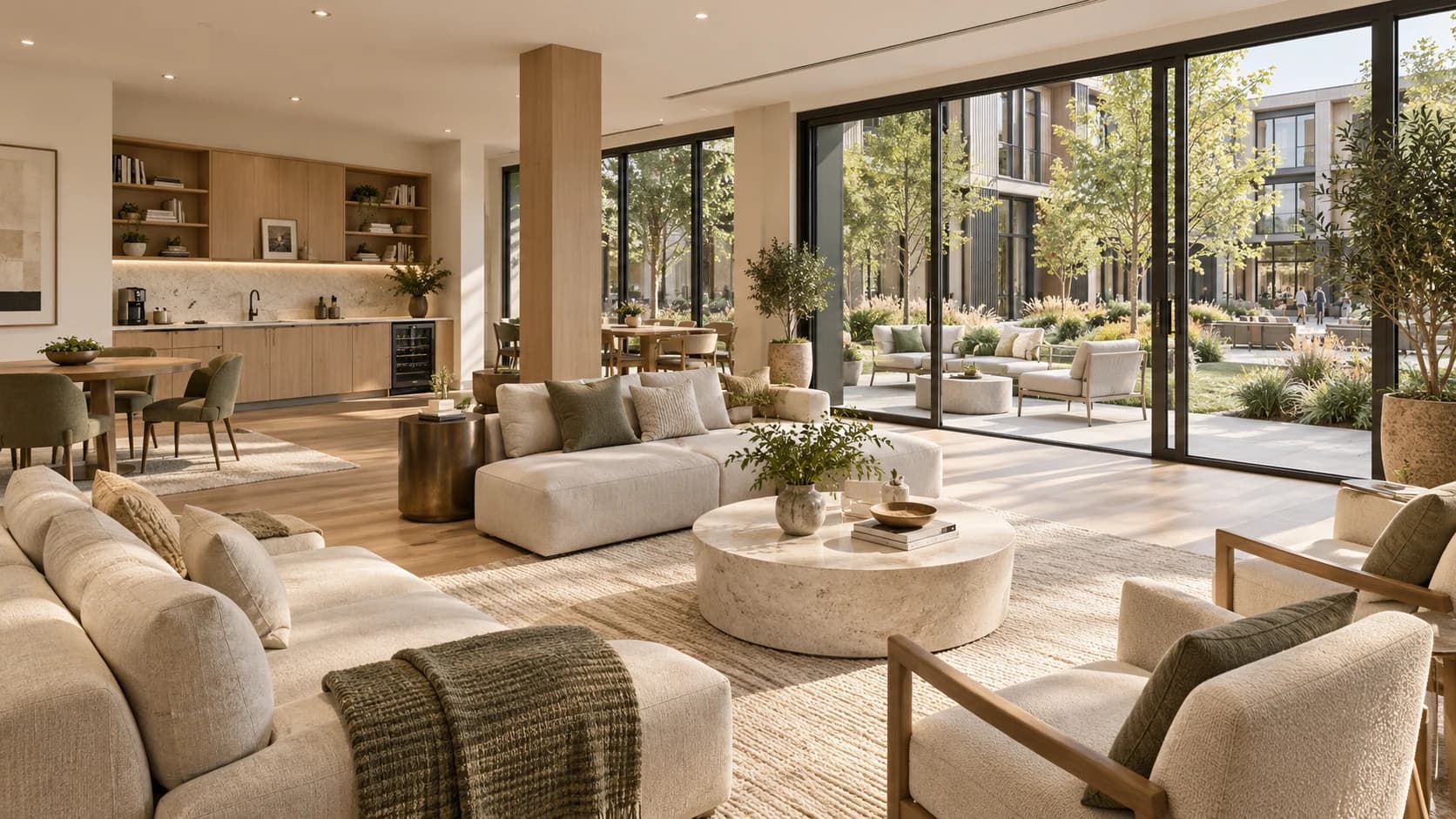 A comfortable shared living room connected to the courtyard.