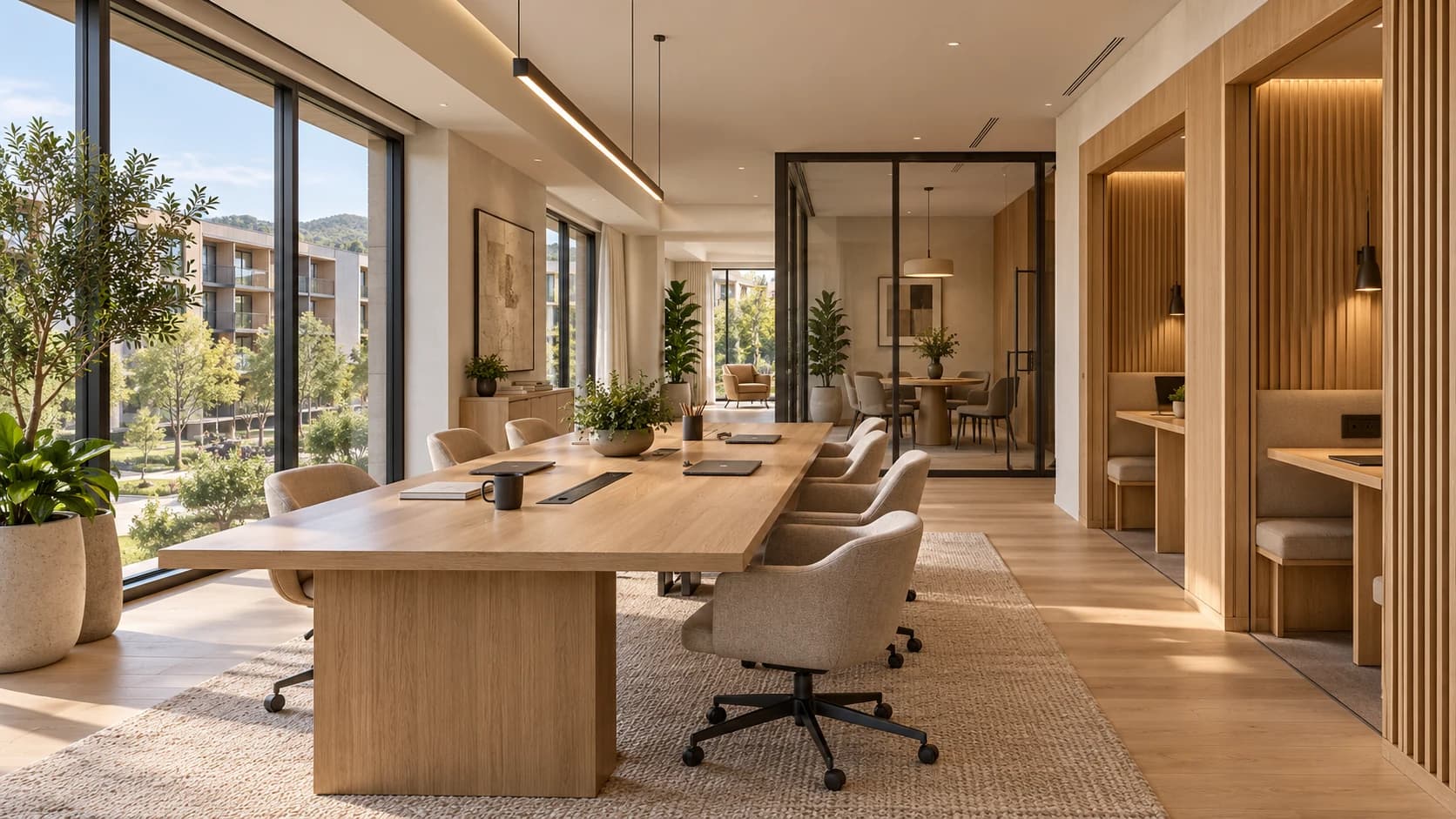 A calm workspace with focused desks and a separate meeting room.