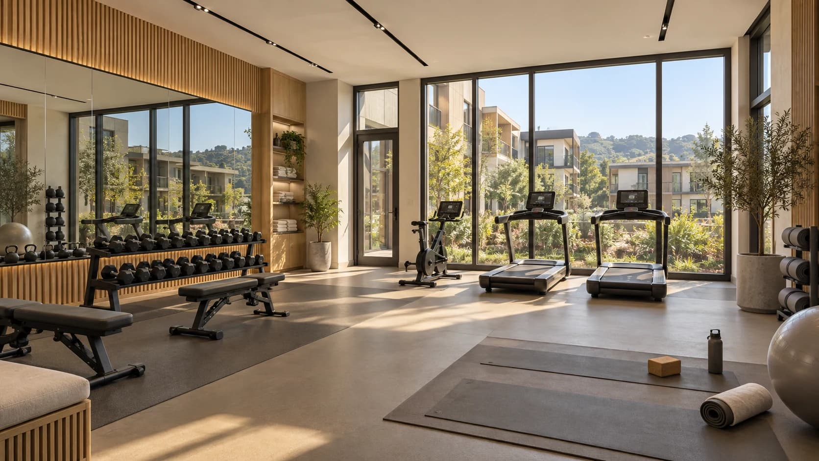 A bright resident fitness room with space for movement and stretching.