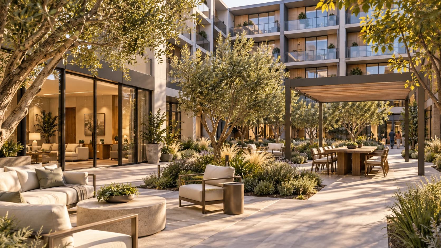 A landscaped outdoor heart for everyday community life.