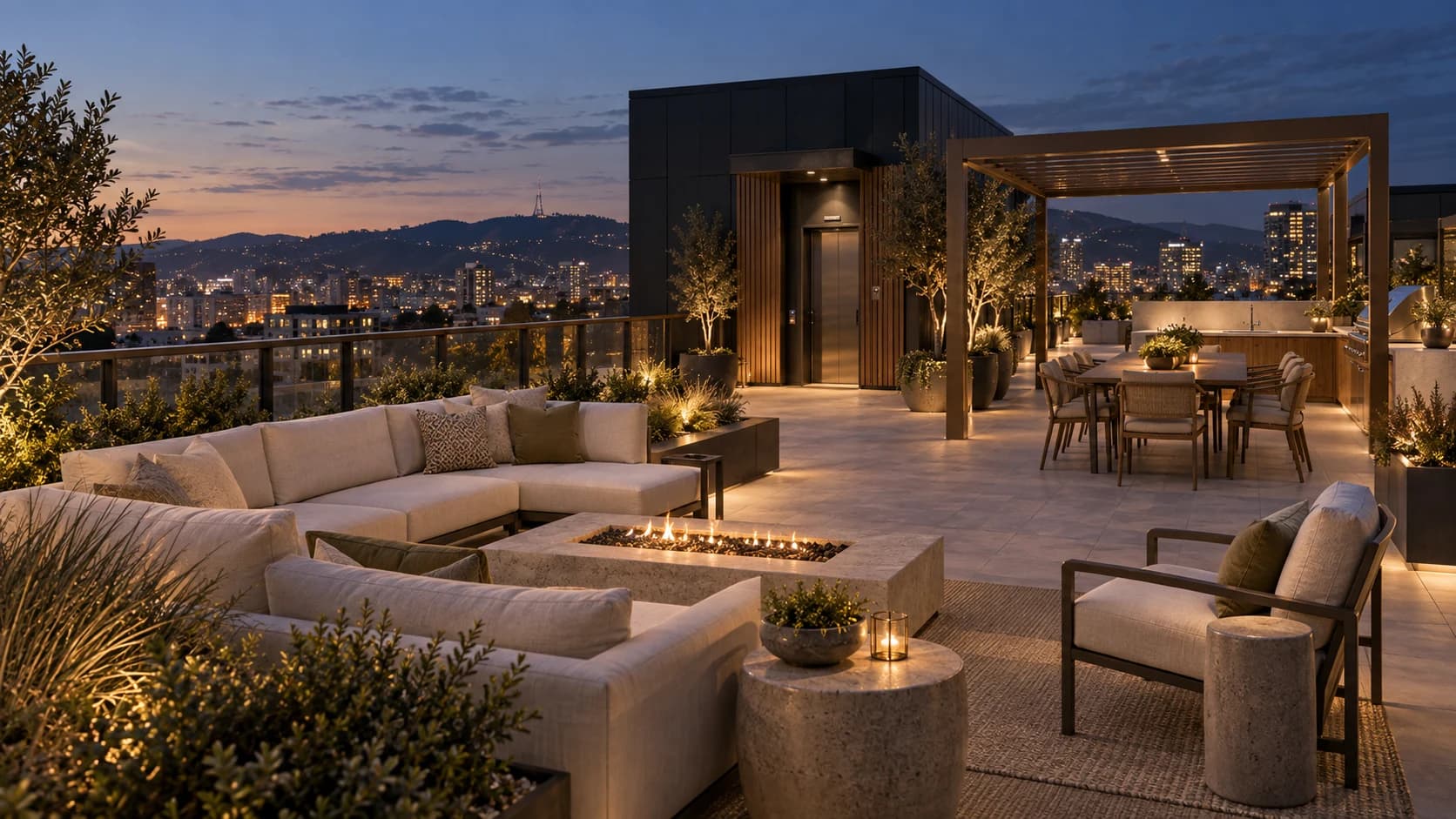 A planted rooftop terrace for quiet evenings and shared gatherings.