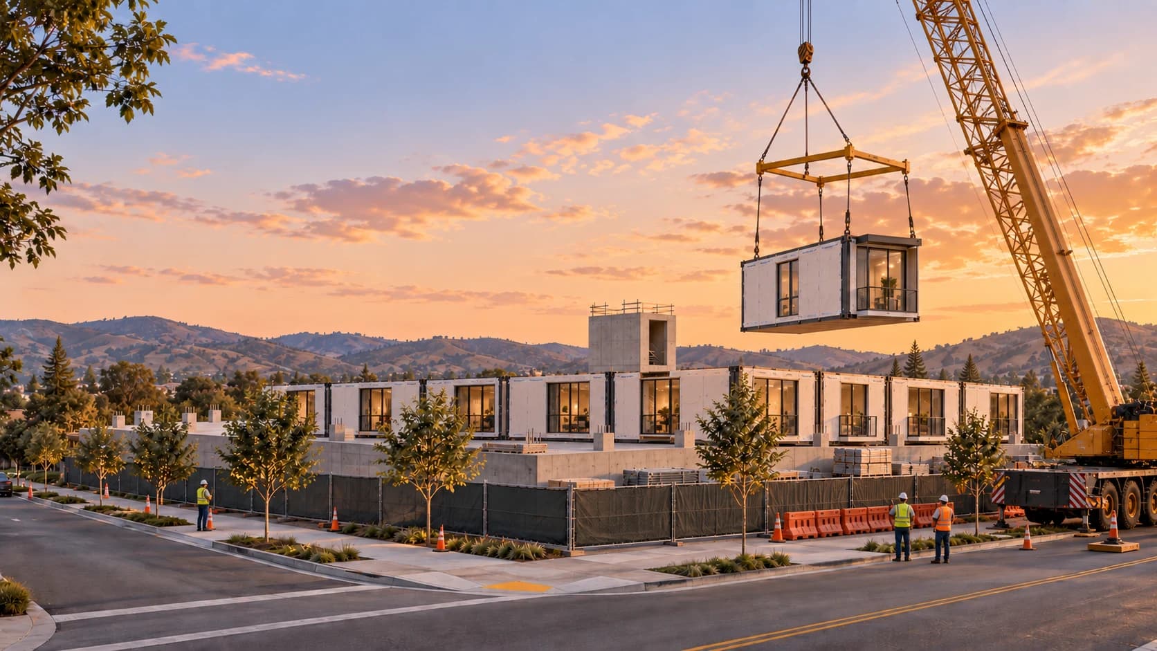 A crane lifts one apartment module with a spreader frame above the first installed row on the podium.